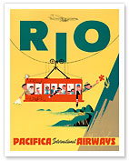 Rio de Janeiro, Brazil - Cable Car to Sugar Loaf Mountain - Pacifica International Airways - c. 1950's - Fine Art Prints & Posters