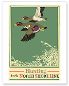 Hunting by the North Shore Line - Mallard Wild Ducks Flying Over Brush - Giclée Art Prints & Posters