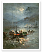Sailboats in Moonlit Harbor - Fine Art Prints & Posters