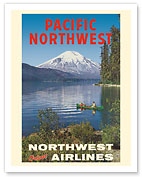 Pacific Northwest - Spirit Lake, Mount St. Helen - Canoe - Northwest Orient Airlines - c. 1973 - Fine Art Prints & Posters