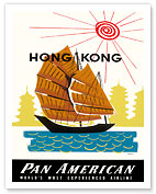 Hong Kong, China Pan Am American Traditional Sail Boat and Temples - Giclée Art Prints & Posters