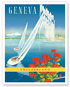 Geneva, Switzerland - Water Jet Fountain Lake Geneva - c. 1950 - Fine Art Prints & Posters