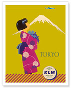 Tokyo Japan - KLM Royal Dutch Airlines - Japanese Girl with Kimono and Mount Fuji - Fine Art Prints & Posters