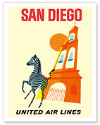 San Diego, California - Zebra - San Diego Zoo - Balboa Park - United Air Lines  - Giclée Art Prints & Posters