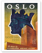 Oslo, Norway - 900 Years, 1950 - Harald III, King of Norway - Oslo City Hall - Fly there by SAS Scandinavian Airlines System - Fine Art Prints & Posters