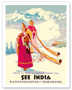 See India - Kangchenjunga near Darjeeling - Tibetan Longhorns - See the World via American President Lines - Fine Art Prints & Posters