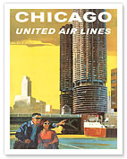 Chicago, USA - Marina City, Chicago River - United Air Lines - Giclée Art Prints & Posters