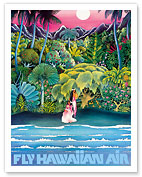 Fly Hawaiian Air - Hawaii Women on the Beach and Tropical Forest - Hawaiian Airlines - Giclée Art Prints & Posters