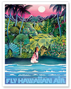 Fly Hawaiian Air - Hawaii Women on the Beach and Tropical Forest - Hawaiian Airlines - Fine Art Prints & Posters