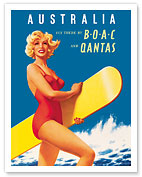 Australia - Fly there by BOAC (British Overseas Airways Corporation) and Qantas - Blonde Lady and Surfboard - Fine Art Prints & Posters