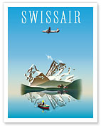 Switzerland - Swissair - Douglas DC-4 Airliner - Swiss Lake and Mountains - Fine Art Prints & Posters