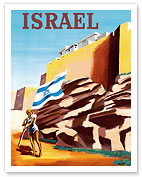 Israel - Zionist Heroic Girl Holding Israeli Flag - Walls of Jerusalem - Fine Art Prints & Posters