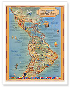 Pictorial Map of North & South America - Flying Clipper Ships Routes - Pan American World Airways - Fine Art Prints & Posters