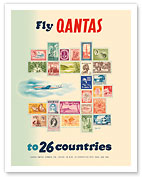 Fly Qantas to 26 Countries - Postal Stamps of the World - Fine Art Prints & Posters