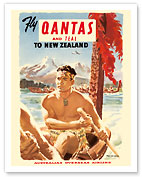 Fly Qantas and TEAL to New Zealand - Qantas Empire Airways (QEA) - Maori War Canoes - Fine Art Prints & Posters