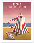 French Seaside Resorts - Beach Tent and Conch Shell - Fine Art Prints & Posters