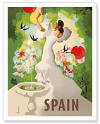 Spain - Spanish Dancer with Fountain and Birds - Fine Art Prints & Posters