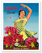 Andalusia, Spain - Iberia Air Lines of Spain - Flamenco Dancer and Carnation Flowers - Fine Art Prints & Posters
