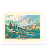 Surfing Waikiki Beach, Hawaii - United Air Lines - c. 1950's - Fine Art Prints & Posters