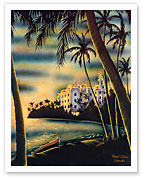 Waikiki Beach Sunset - Honolulu, Hawaii - Pink Palace Royal Hawaiian Hotel - c. 1950's - Fine Art Prints & Posters