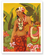 Lei Vendor - Hawaiian Girl with Basket - Menu Cover Shangri-La Restaurant - c. 1950 - Fine Art Prints & Posters