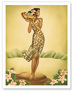 Tropical Harvest, Hawaiian Woman with Fruit - Giclée Art Prints & Posters