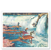 Celilo Falls, Columbia River, Pacific Northwest - Dipnet Fishing - United Air Lines - c. 1952 - Fine Art Prints & Posters