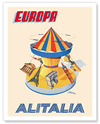Europe (Europa) - Carousel with Eiffel Tower, Big Ben - Alitalia - c. 1956 - Fine Art Prints & Posters