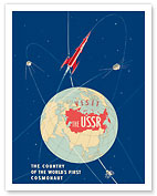 Visit the USSR (Soviet Union) - The Country of the World's First Cosmonaut - Vostok 1 Rocket - c. 1963 - Fine Art Prints & Posters