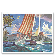 Waikiki, Hawaii - Catamaran Sailing - United Air Lines - c. 1950's - Fine Art Prints & Posters