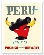 Peru - Pacifica International Airways - Bull Snorting - c. 1950's - Fine Art Prints & Posters