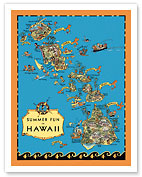 Summer Fun in Hawaii Map - Hawaii Tourist Bureau - Vintage Pictorial Map c.1930's - Fine Art Prints & Posters