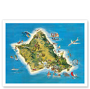 The Island of Oahu Hawaii - Pictorial Map c.1962 - Fine Art Prints & Posters