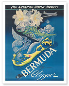 Bermuda by Clipper - Pan American World Airways - Mermaid with Lily Flowers - c. 1947 - Fine Art Prints & Posters