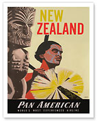 New Zealand - Pan American World Airways - Native Maori Warrior and Tiki - c. 1955 - Fine Art Prints & Posters