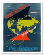 Round the World, Round the Clock - via Pan American World Airways - c. 1955 - Fine Art Prints & Posters