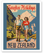New Zealand - Carefree Holidays - Mountain Hiking - c. 1930 - Fine Art Prints & Posters