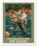 New Zealand - For the Worlds Best Sport - Trout Fly Fishing Angler - c. 1936 - Fine Art Prints & Posters