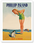 Phillip Island - Victoria, Australia - Take a Kodak - Bathing Beauty with Penguin - Victorian Railways - c. 1930 - Fine Art Prints & Posters