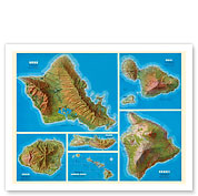 Map of Hawaiian Islands - Oahu, Kauai, Maui, Molokai, Hawaii - Shell Oil Company - c. 1956 - Giclée Art Prints & Posters