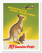 Australia - New Zealand - Fly Canadian Pacific Air Lines - Kangaroo with Baby Joey, Kiwi - c. 1956 - Fine Art Prints & Posters