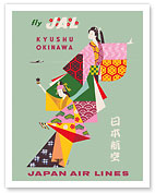 Kyushu to Okinawa - Fly JAL (Japan Air Lines) - Geisha Girls - c. 1958 - Fine Art Prints & Posters