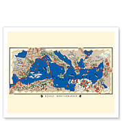 Mediterranean Network (Réseau Méditerranéen) - Flight Route Map - c. 1930 - Giclée Art Prints & Posters