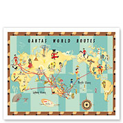 Qantas Empire Airways - World Routes Map - c. 1950 - Giclée Art Prints & Posters