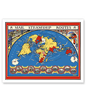 United Kingdom - International Postal Mail Steamship Routes - World Map - c. 1937 - Giclée Art Prints & Posters