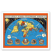 Post Office - International Radio Telephone Services - World Map - c. 1935 - Fine Art Prints & Posters