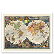 Double Hemisphere Route Map - TAI Airline - c. 1948 - Fine Art Prints & Posters