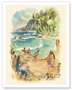Hawaii - Ancient Hawaiian Hukilau Fishing - Matson Menu Cover - c. 1960's - Fine Art Prints & Posters