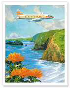 Hawaiian Airlines, Convair 340 Flying over Cliffs of Pololu Valley, Hawaii - Fine Art Prints & Posters