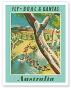 Australia - Fly by BOAC (British Overseas Airways Corporation) & Qantas Empire Airways (QEA) - c. 1950's - Giclée Art Prints & Posters